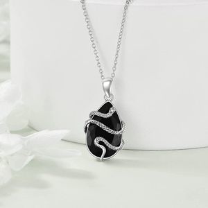 YFN Snake Sterling Silver Black Obsidian Pendant Tourmaline Crystal  Necklace